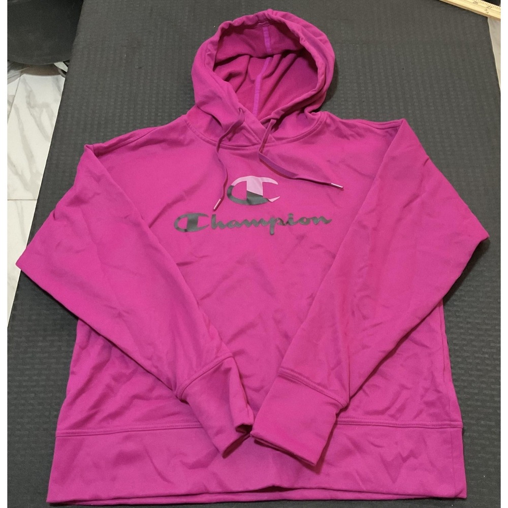 Champion Hoodie Womens Med Fuchsia Fleece Logo Pullover Thumbhole Cuffs Athletic